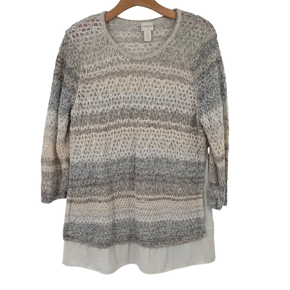 Chicos 2 Womens Knit sweater Layered Design Size large Beige Gray Cotton Blend